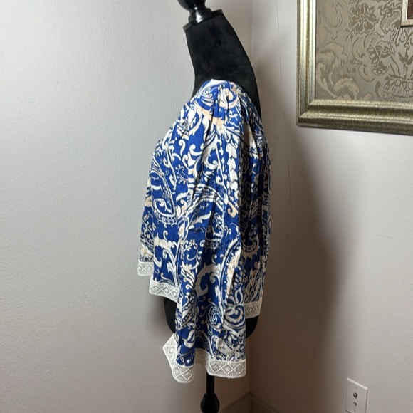 Nicole Miller New York Boho linen top bell sleeves square collar blouse Sz M - Picture 3 of 8